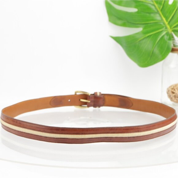 VTG USA Cole Haan Mens Belt Size 42 Brown Leather Tan Inlay Handcrafted Maine - Picture 5 of 16